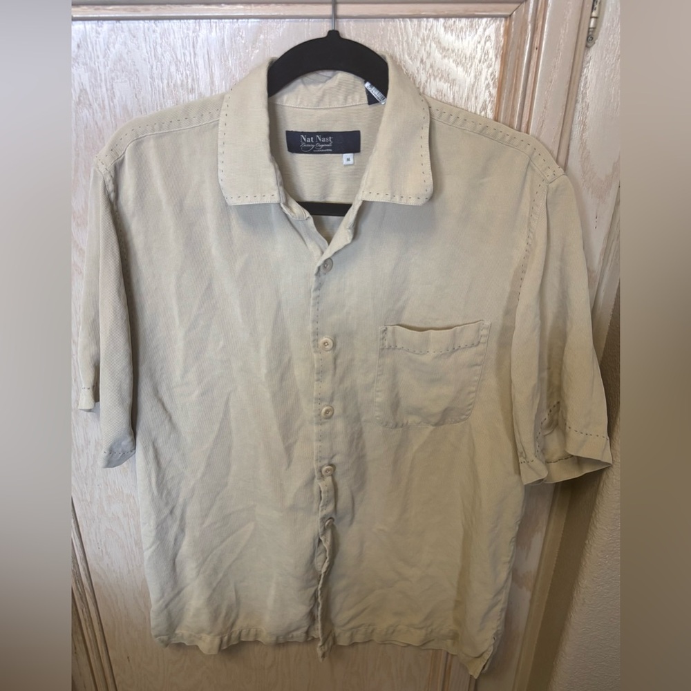 Nat Nast Mens Luxury Originals 100% Silk Button Up Shirt Beige Tan Sz M Washable